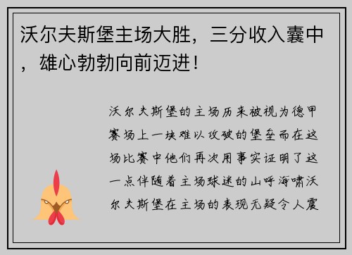 沃尔夫斯堡主场大胜，三分收入囊中，雄心勃勃向前迈进！